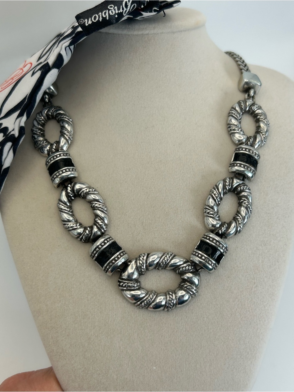 Brighton Vintage Chunky Link Collar Necklace Black Leather Accents Silver Plated